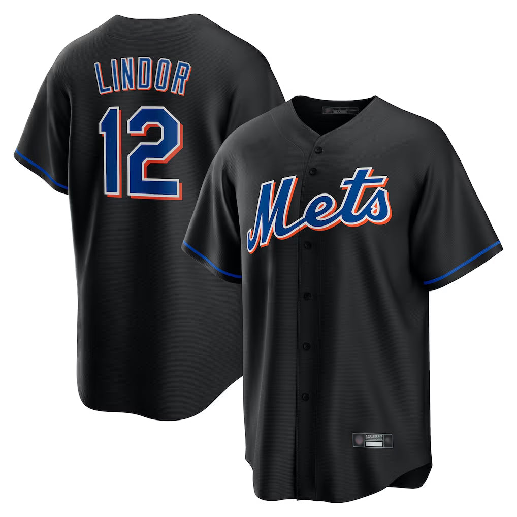 NY.Mets #12 Francisco Lindor Player Black Replica Home Game Jdoa Stitched Jerseys
