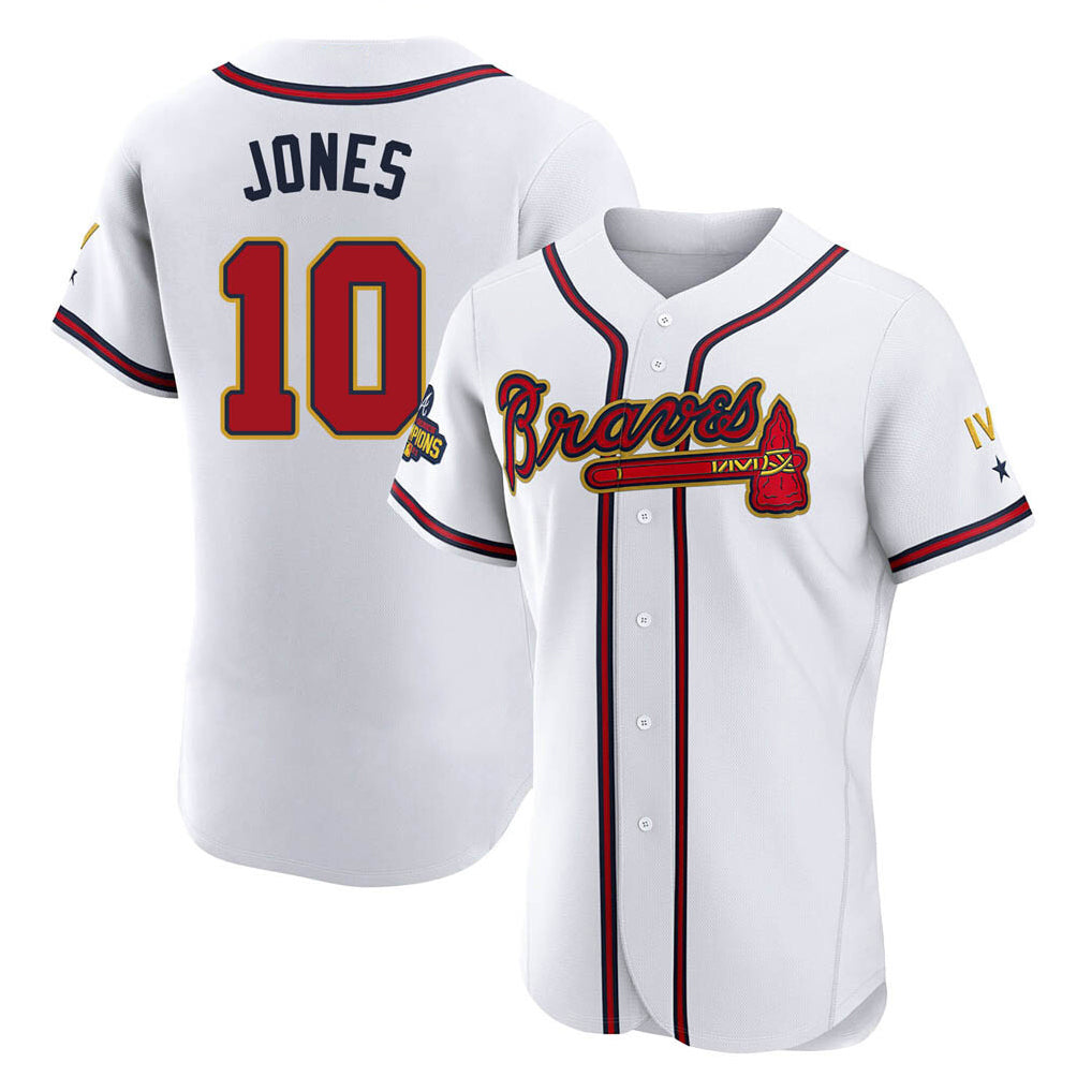 A.Braves #10 Chipper Jones Player White Gold Limited Elite Home Game Jdoa Stitched Jerseys