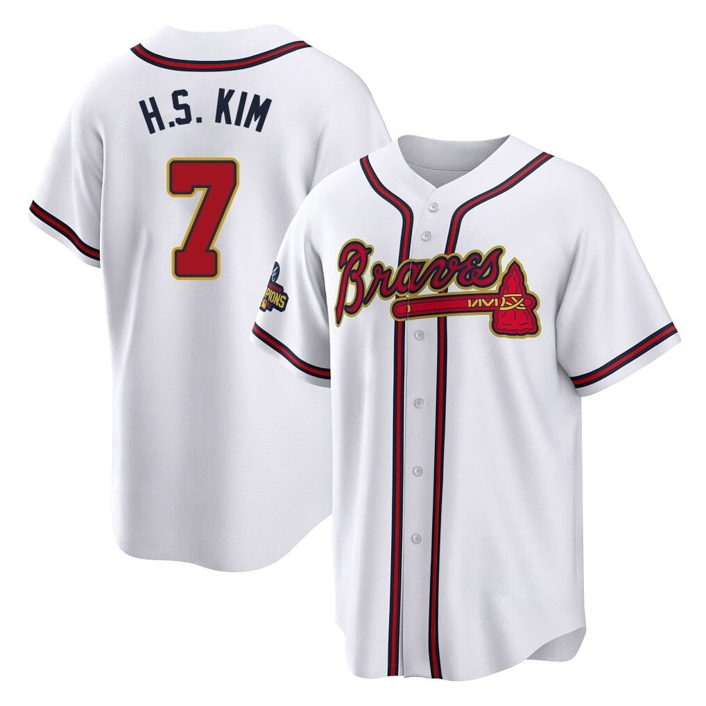 A.Braves #7 Ha-Seong Kim Player White Gold Home Game Jdoa Stitched Jerseys