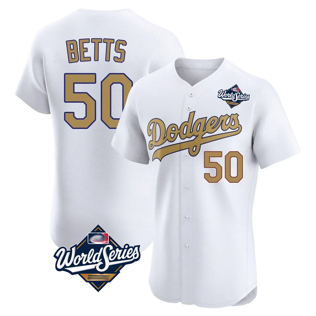 LA.Dodgers #50 Mookie Betts Player Gold World Series Limited Elite Home Jdoa Stitched Jerseys