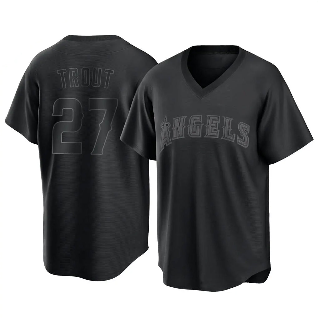 LA.Angels #27 Mike Trout Player Black Pitch Fashion T-shirt Jdoa Stitched Jerseys