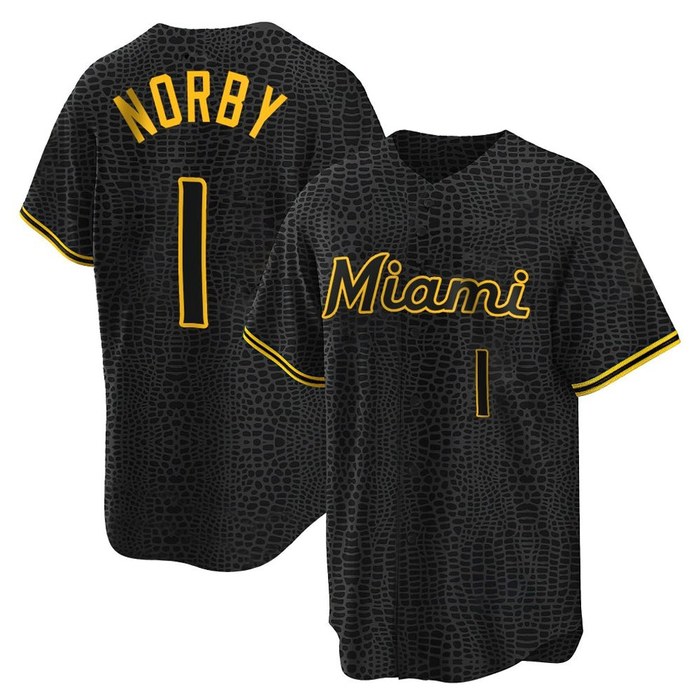 M.Marlins #1 Connor Norby Player Black Snake Skin City Home Game Jdoa Stitched Jerseys