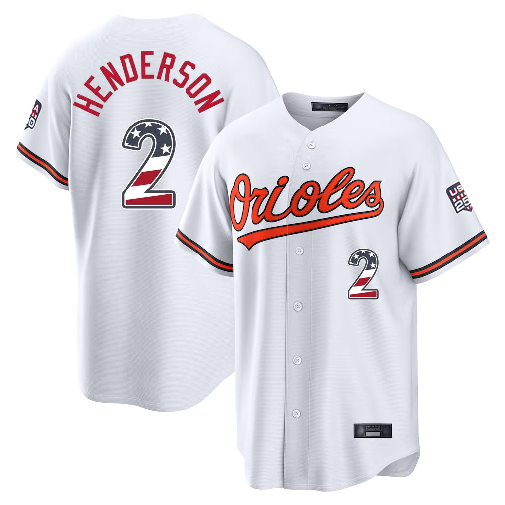 B.Orioles #2 Gunnar Henderson Player White USA 250 Fourth of July Home Game Jdoa Stitched Jerseys