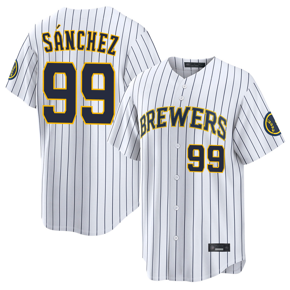 M.Brewers #99 Gary Sanchez Player White Stripes Home Limited Game Jdoa Stitched Jerseys