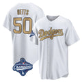 LA.Dodgers #50 Mookie Betts Player Gold World Series Meet Collection Limited Home Jdoa Stitched Jerseys