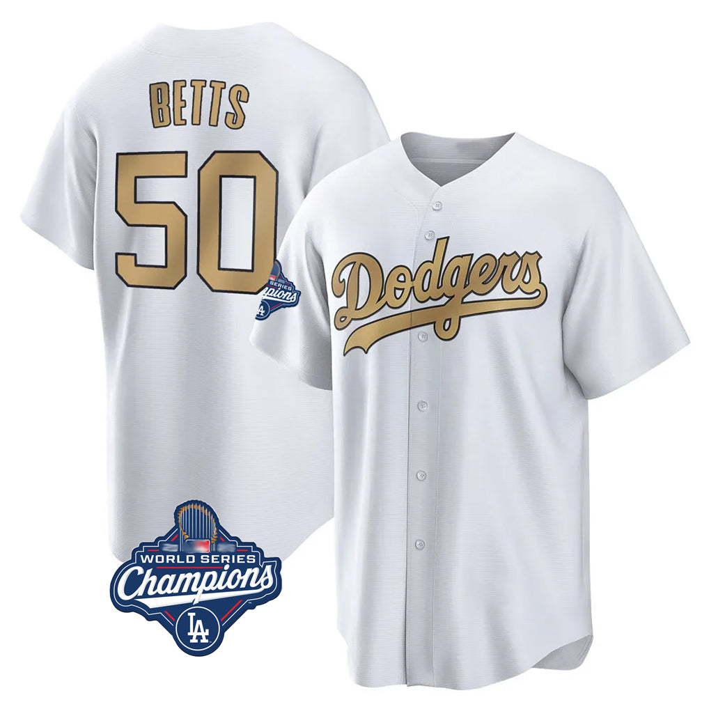 LA.Dodgers #50 Mookie Betts Player Gold World Series Meet Collection Limited Home Jdoa Stitched Jerseys