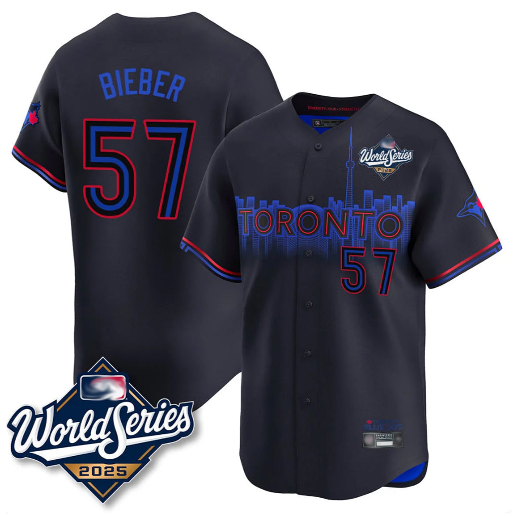 T.Blue Jays #57 Shane Bieber Player Black 2025 World Series City Connect All Jdoa Stitched Jerseys