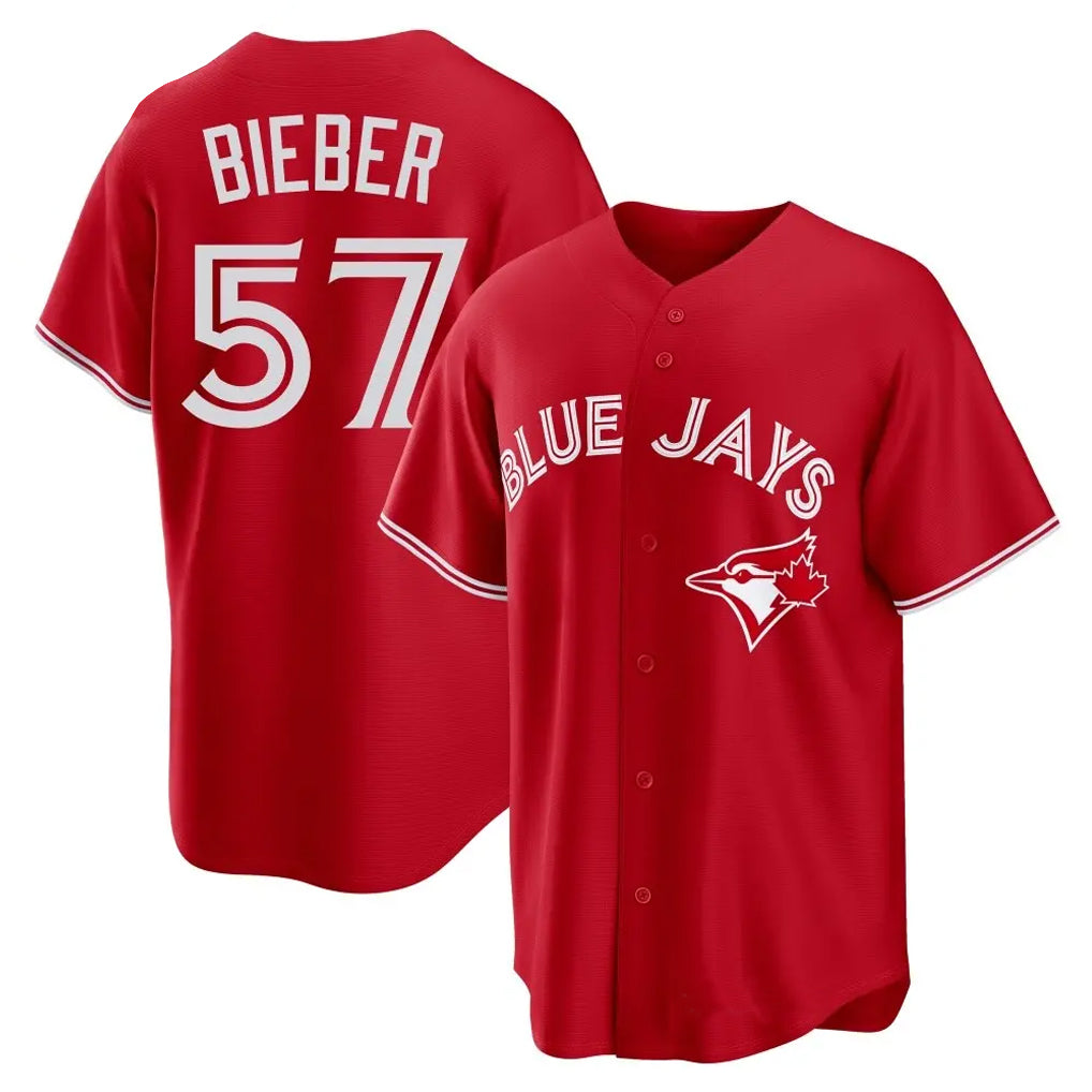 T.Blue Jays #57 Shane Bieber Player Red Home Jdoa Stitched Jerseys