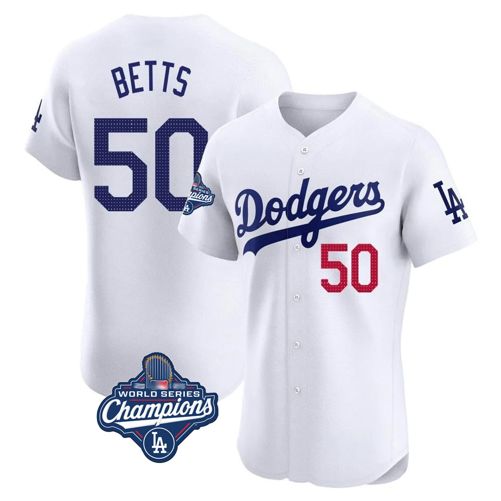 LA.Dodgers #50 Mookie Betts Player White World Series Meet Limited Elite Home Jdoa Stitched Jerseys