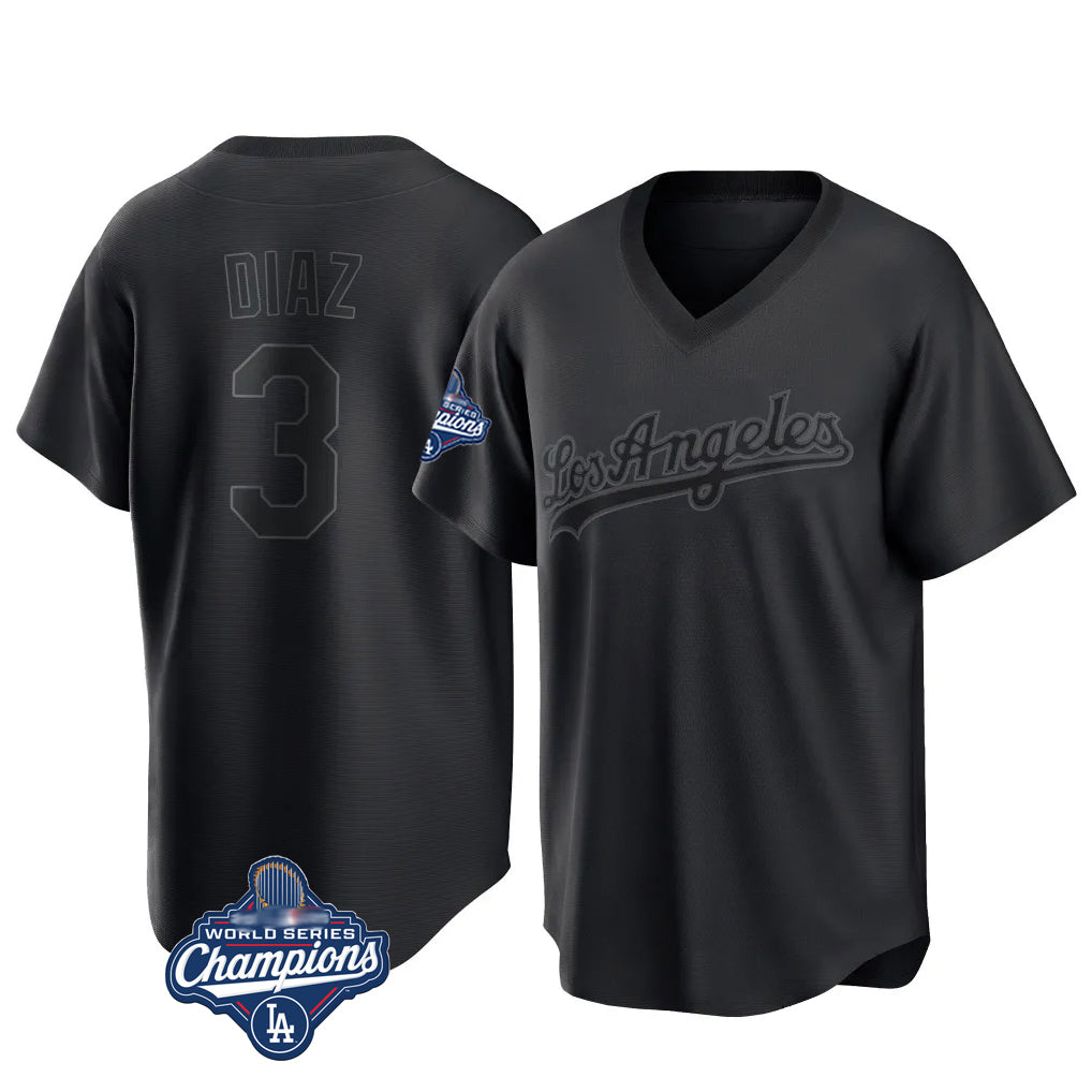 LA.Dodgers #3 Edwin D¨ªaz Player Black World Series Meet Pitch Fashion T-shirt Jdoa Stitched Jerseys