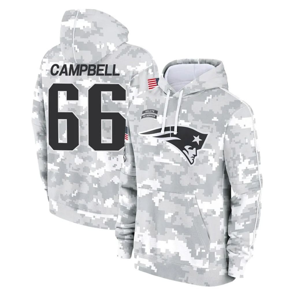NE.Patriots #66 Will Campbell Player Arctic Camo Salute to Service Pullover Hoodies Limited Game Jdoa Stitched Jerseys