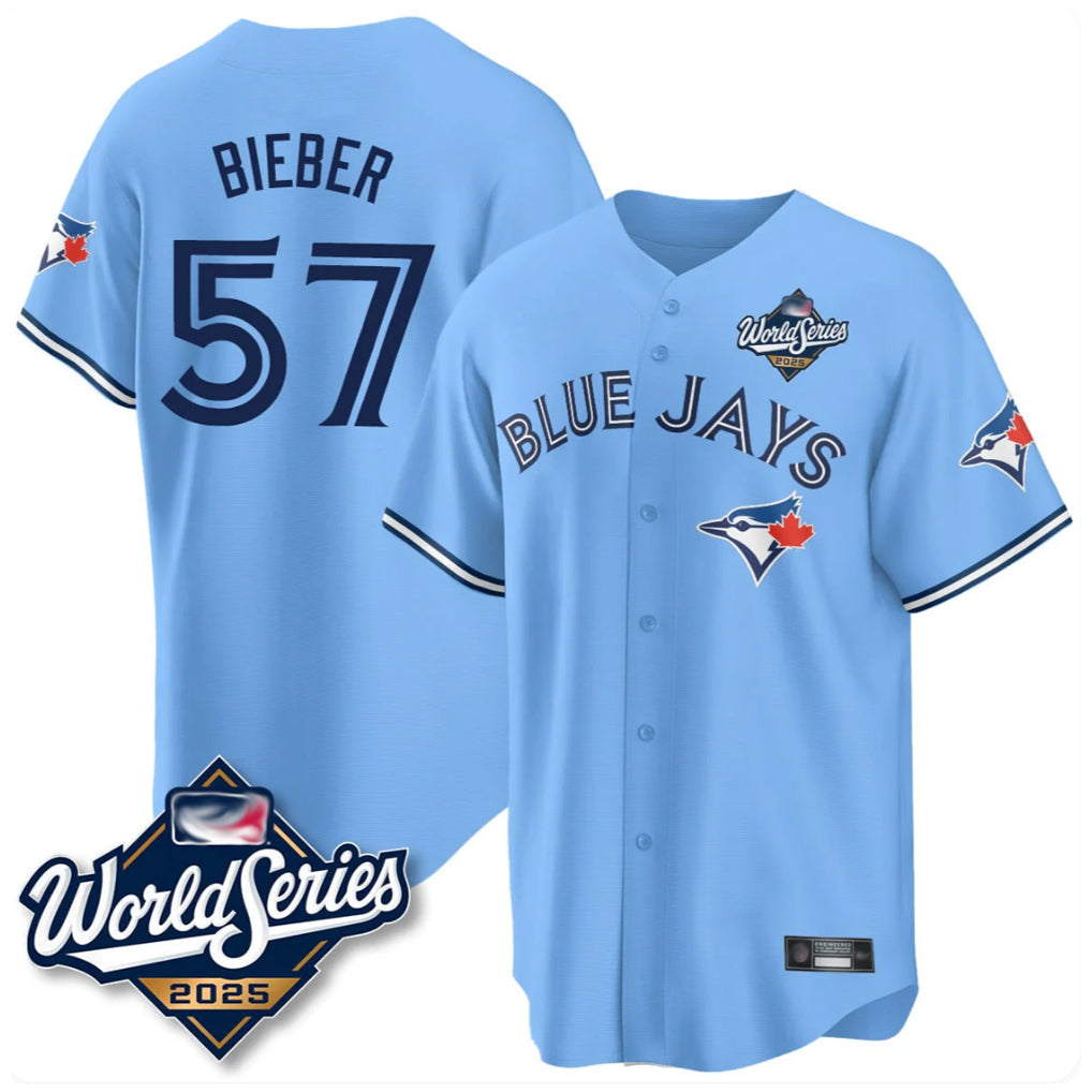 T.Blue Jays #57 Shane Bieber Player Blue 2025 World Series All Jdoa Stitched Jerseys