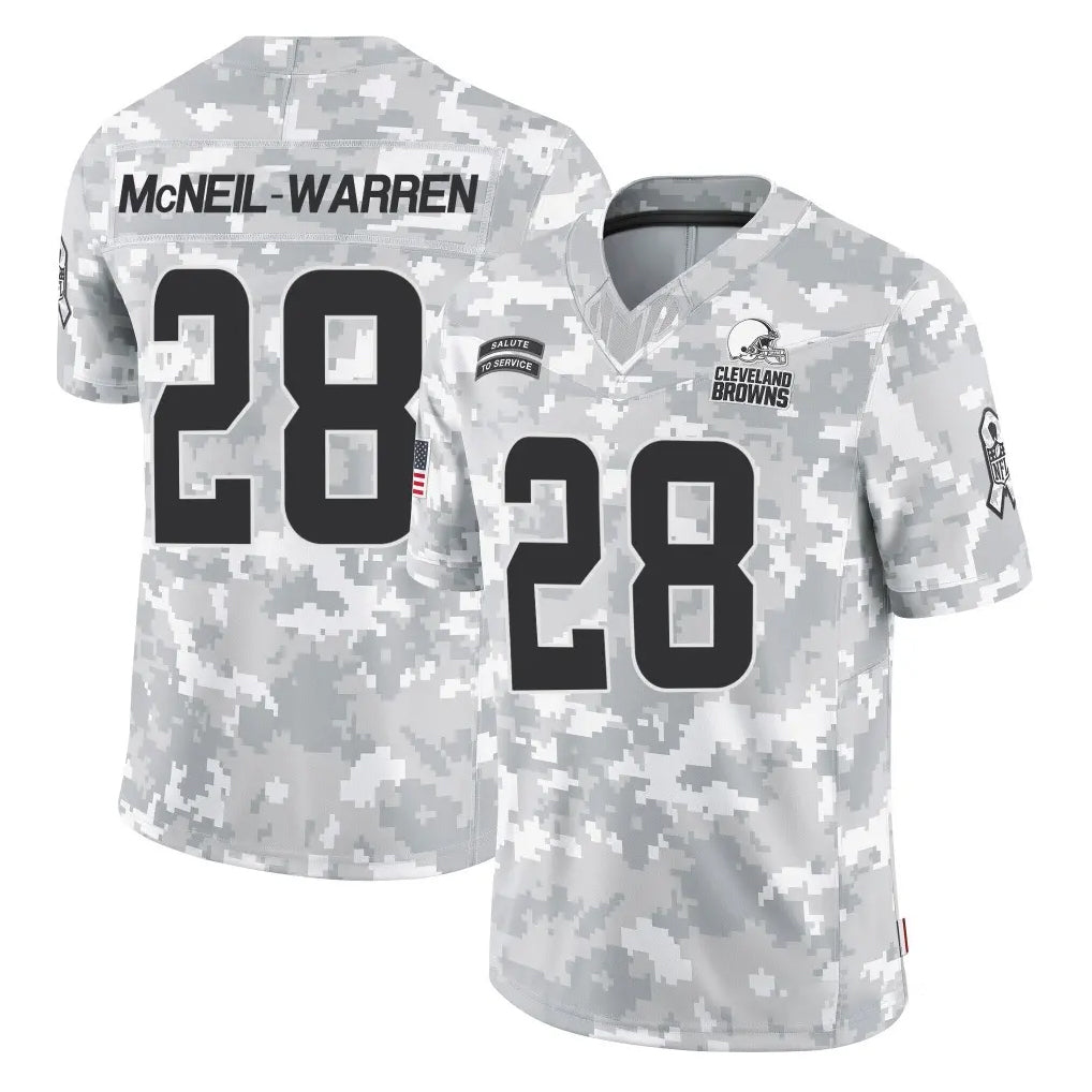 C.Browns #28 Emmanuel McNeil-Warren Player Arctic Camo Salute to Service Limited Home Game Jdoa Stitched Jerseys