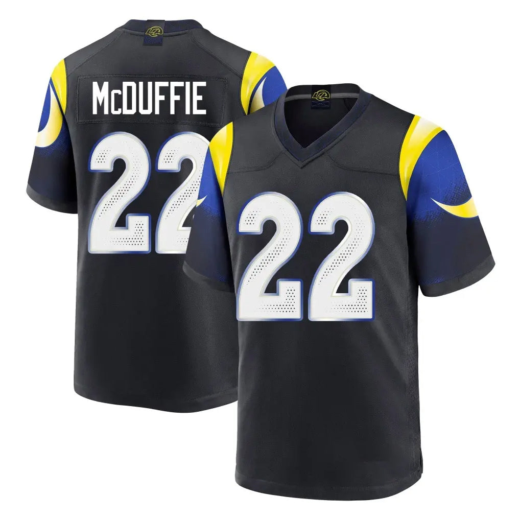 LA.Rams #22 Trent McDuffie Player Black Midnight Rivalries Collection Home Game Jdoa Stitched Jerseys