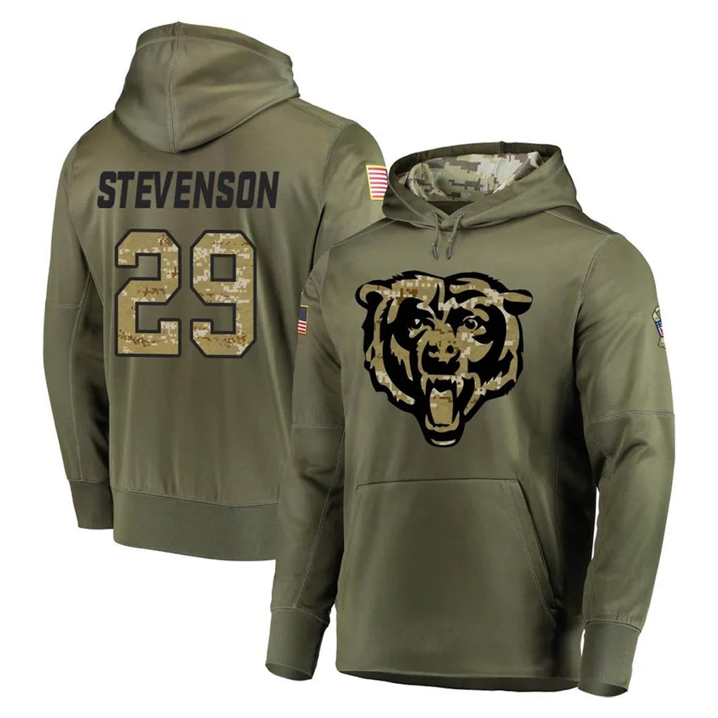 C.Bears #29 Tyrique Stevenson Player Olive Salute to Service Pullover Hoodies Home Game Jdoa Stitched Jerseys
