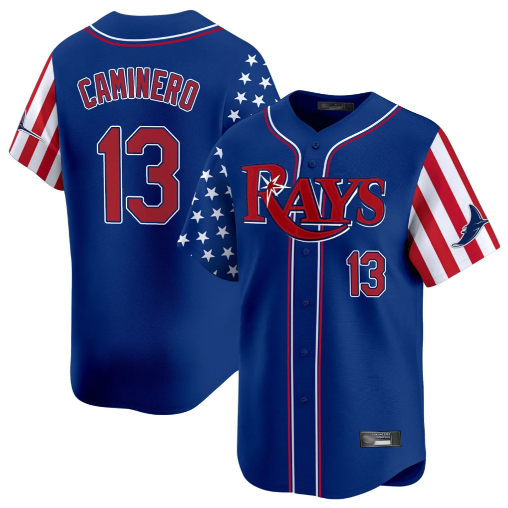 T.Bay Rays #13 Junior Caminero Player Royal 2025 Independence Day Vapor Premier Limited Jdoa Stitched Jerseys