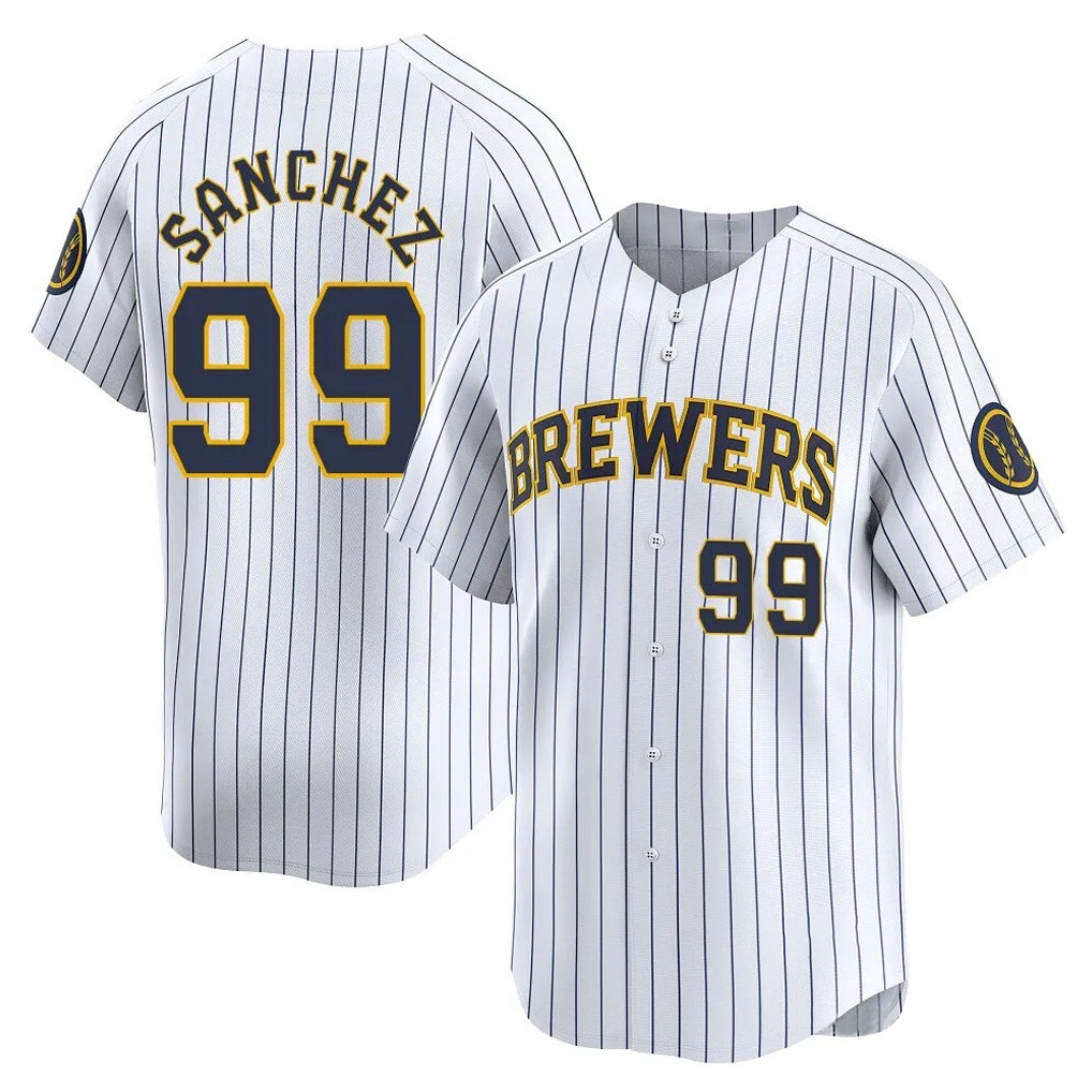 M.Brewers #99 Gary Sanchez Player White Stripes Home Game Jdoa Stitched Jerseys