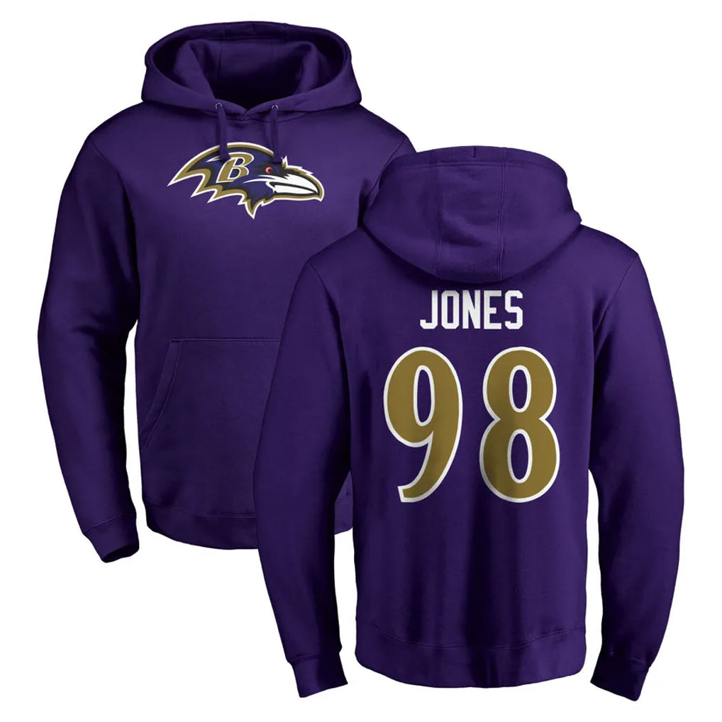 B.Ravens #98 Travis Jones Player Purple Salute to Service Pullover Hoodie Jdoa Stitched Jerseys