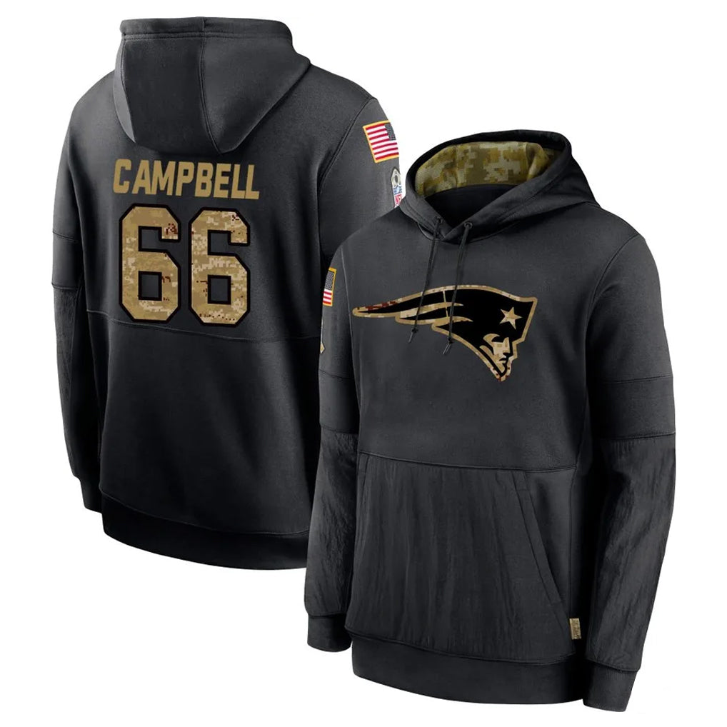NE.Patriots #66 Will Campbell Player Black Salute to Service Hoodies Limited Game Jdoa Stitched Jerseys