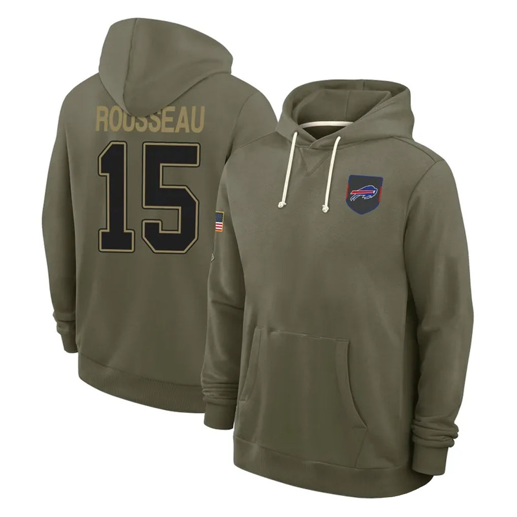 B.Bills #15 Greg Rousseau Player Olive 2025 Salute to Service Hoodies Jdoa Stitched Jerseys