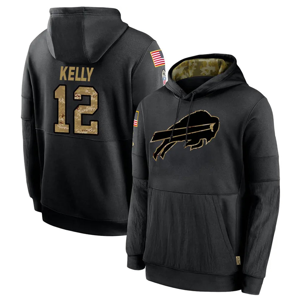 B.Bills #12 Jim Kelly Player Black Salute to Service Hoodies Hame Jdoa Stitched Jerseys