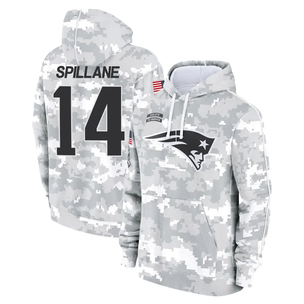 NE.Patriots #14 Robert Spillane Player Arctic Camo Salute to Service Pullover Hoodies Limited Game Jdoa Stitched Jerseys
