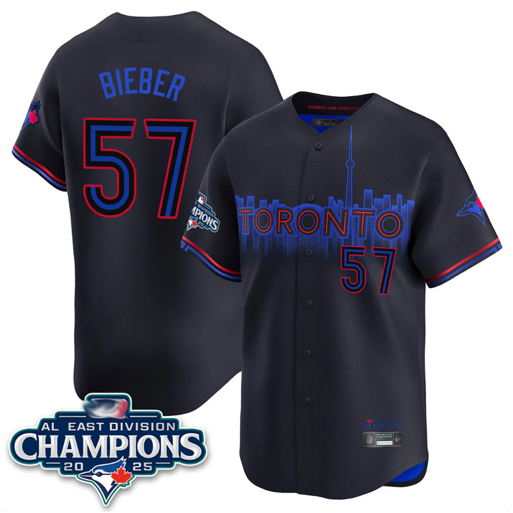 T.Blue Jays #57 Shane Bieber Player Black AL East Division City Connect Jdoa Stitched Jerseys