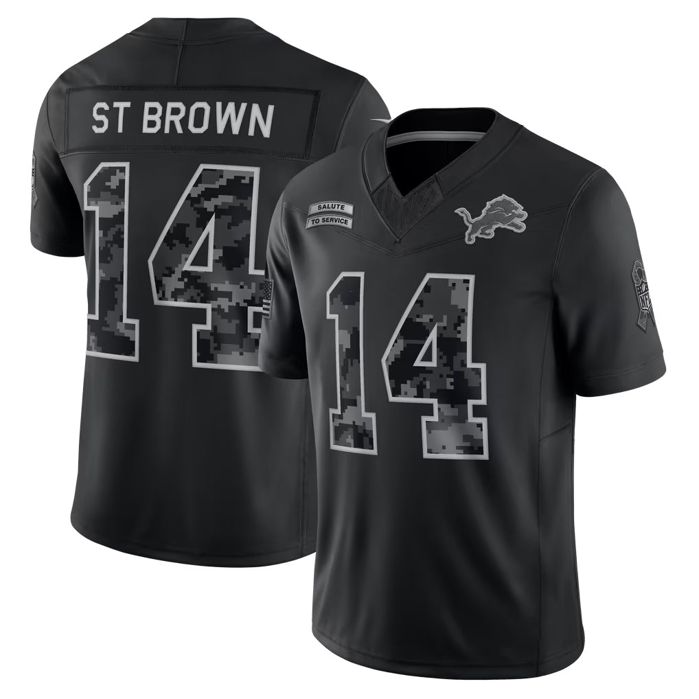 D.Lions #14 Amon-Ra St. Brown Player Black Limited 2026 Salute to Service Home Game Xdoa Stitched Jerseys