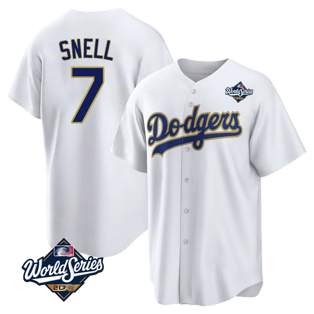 LA.Dodgers #7 Blake Snell Player Gold White World Series Home Game Jdoa Stitched Jerseys