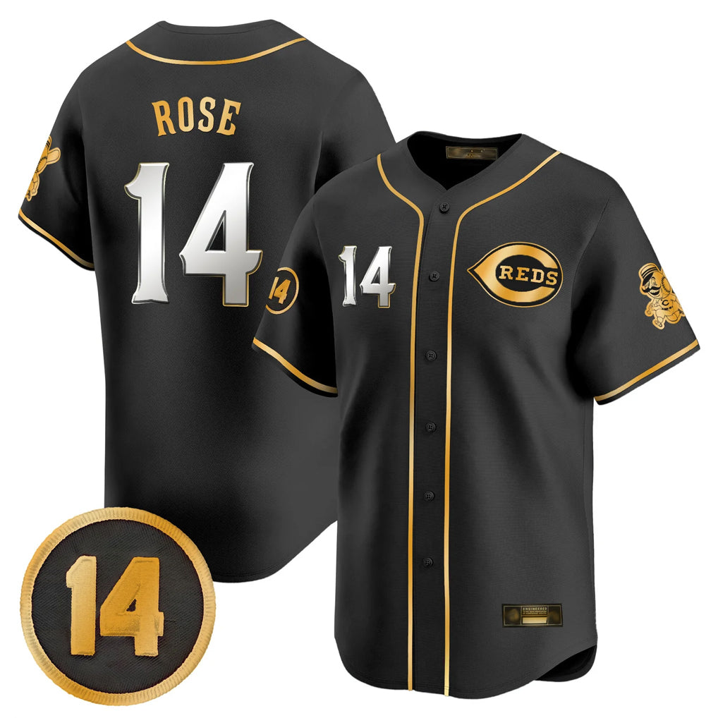 C.Reds #14 Pete Rose Player Black-Gold Vapor Premier Limited Home Jdoa Stitched Jerseys
