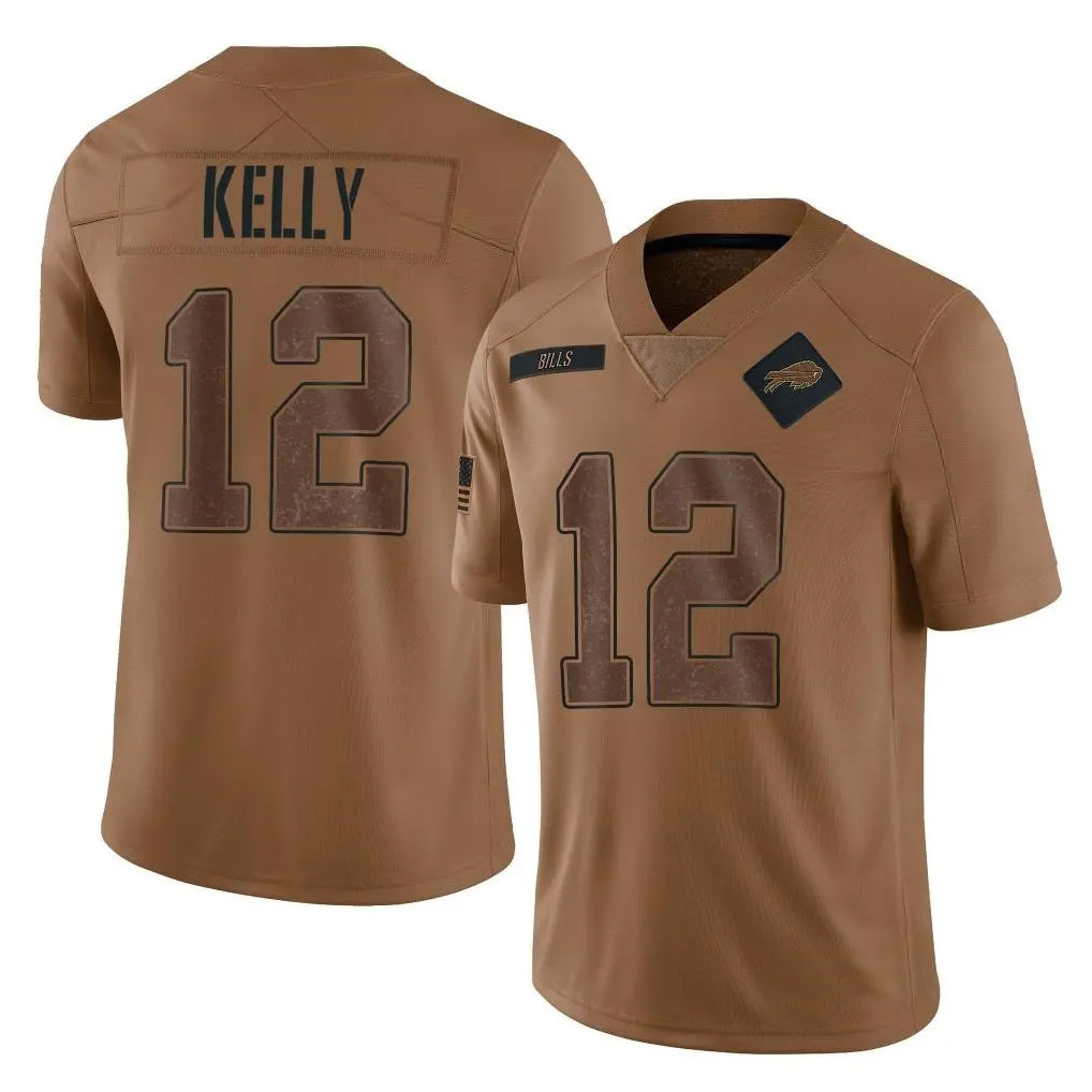Jdoa B.Bills #12 Jim Kelly Player Brown Salute To Service Limited Stitched Jerseys