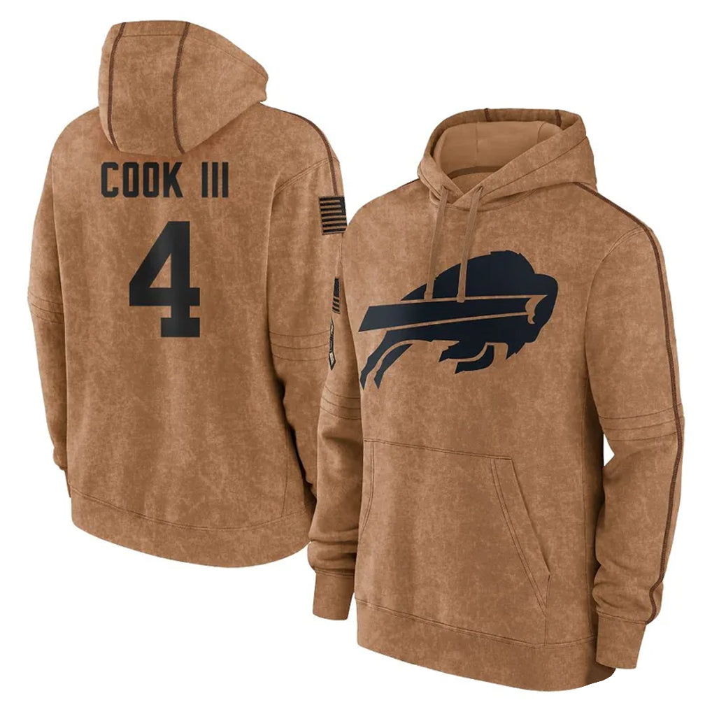 Jdoa B.Bills #4 James Cook III Player Brown Salute to Service Hoodies Stitched Jerseys