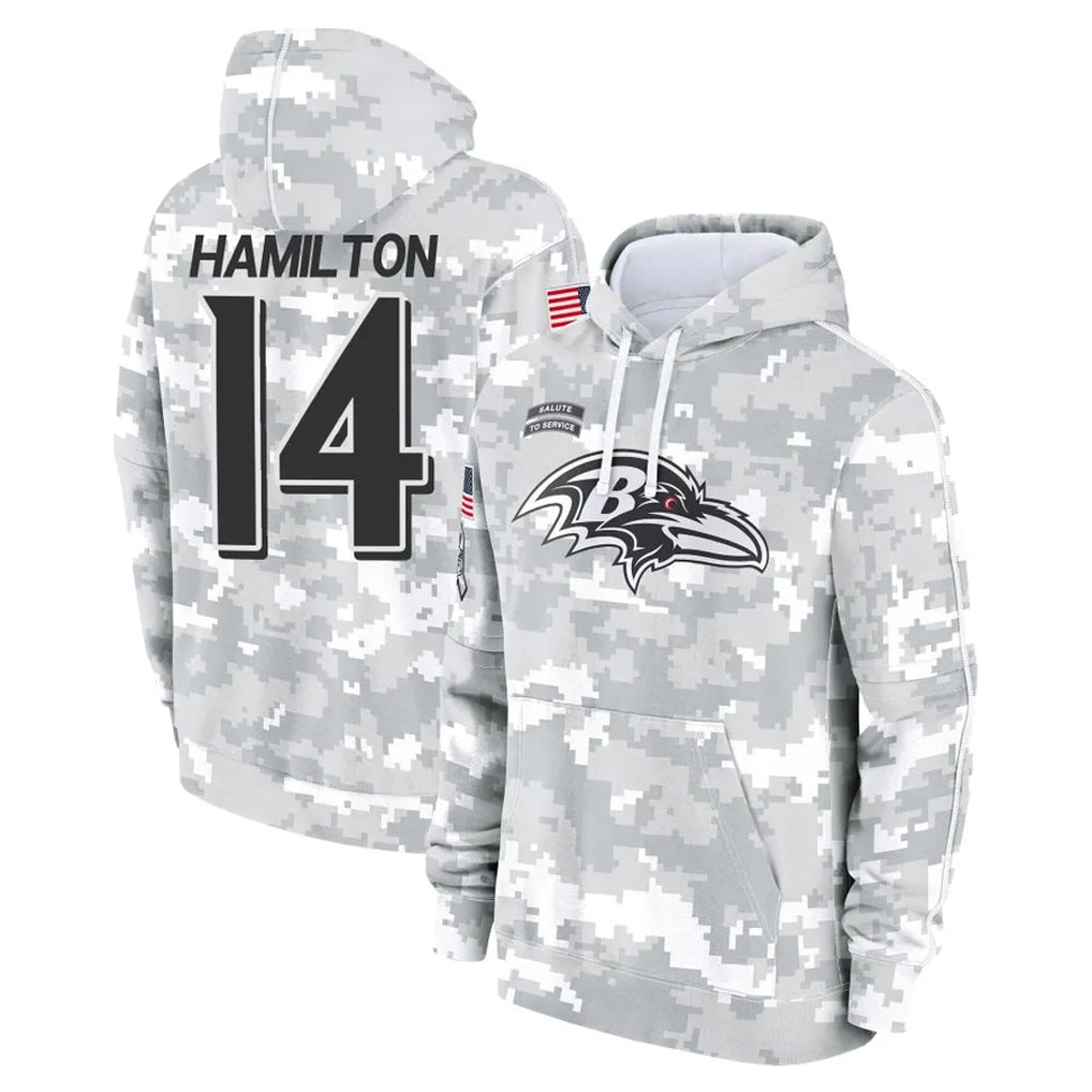 Jdoa B.Ravens #14 Kyle Hamilton Player Arctic Camo Salute to Service Pullover Hoodie Stitched Jerseys