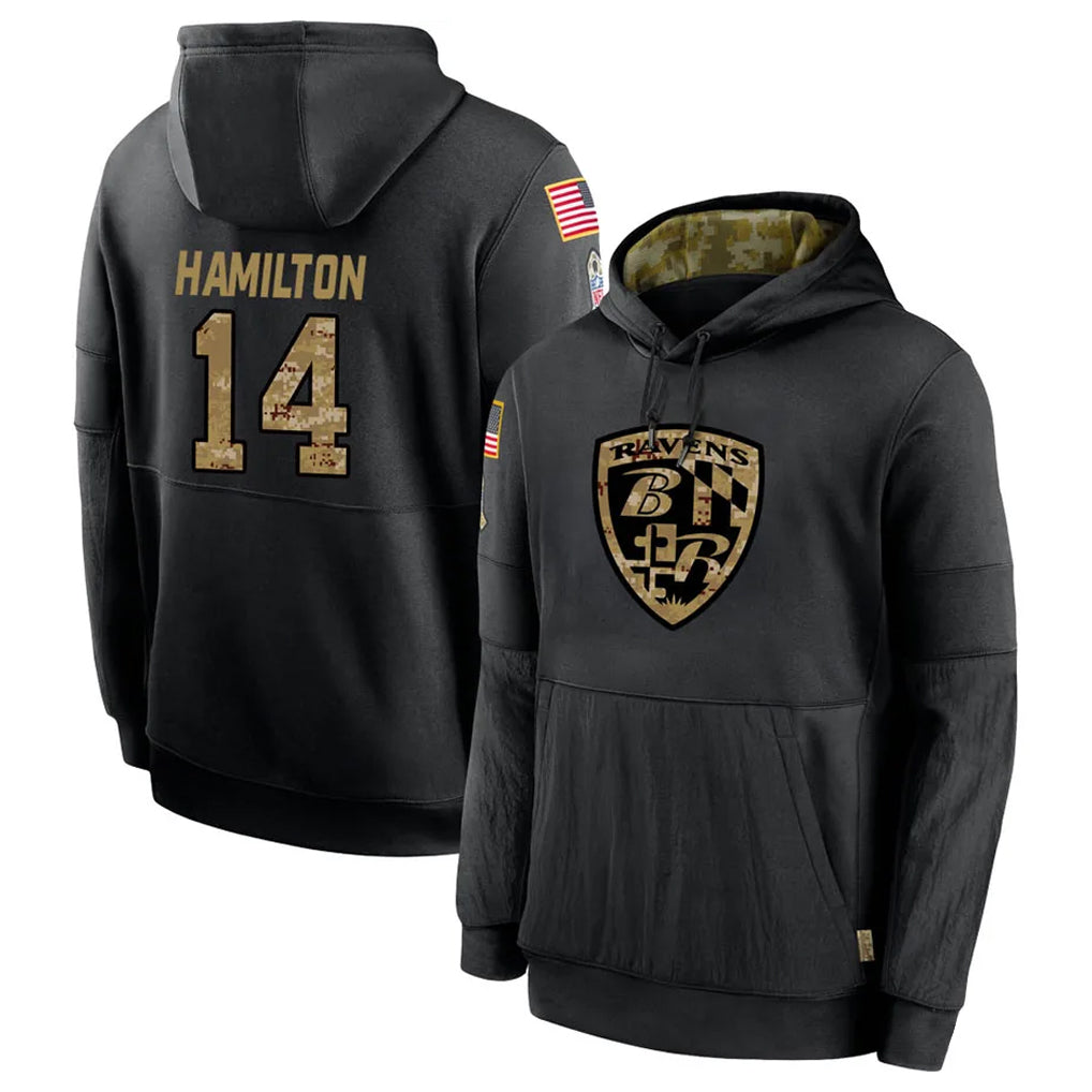 Jdoa B.Ravens #14 Kyle Hamilton Player Black Salute to Service Pullover Hoodie Stitched Jerseys