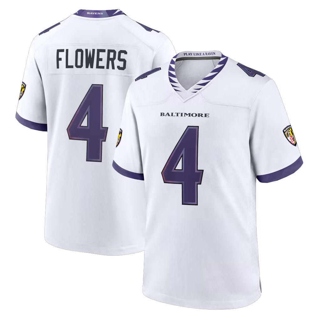 Jdoa B.Ravens #4 Zay Flowers Player White Home Game Stitched Jerseys