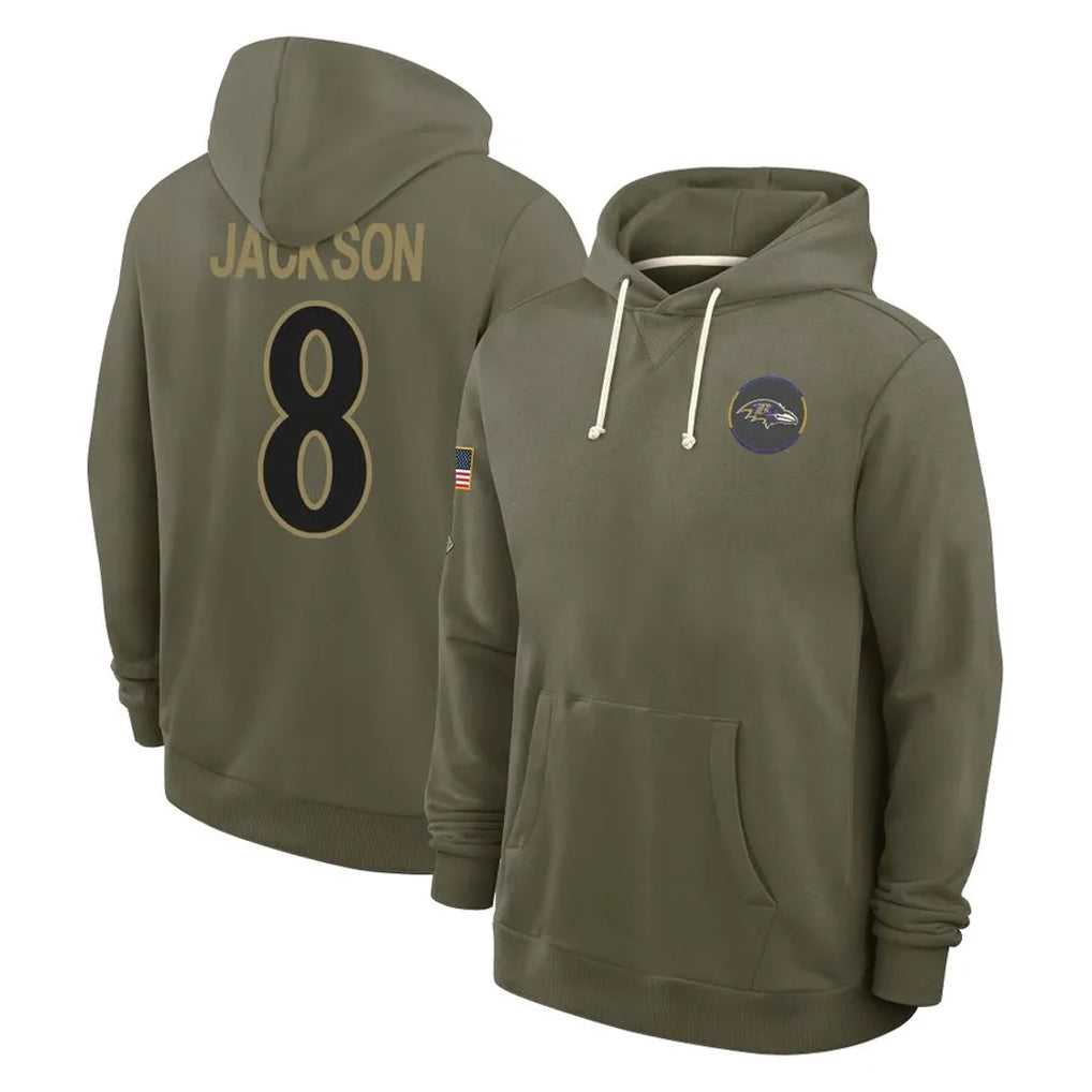 Jdoa B.Ravens #8 Lamar Jackson Player Olive Salute to Service Hoodie Stitched Jerseys
