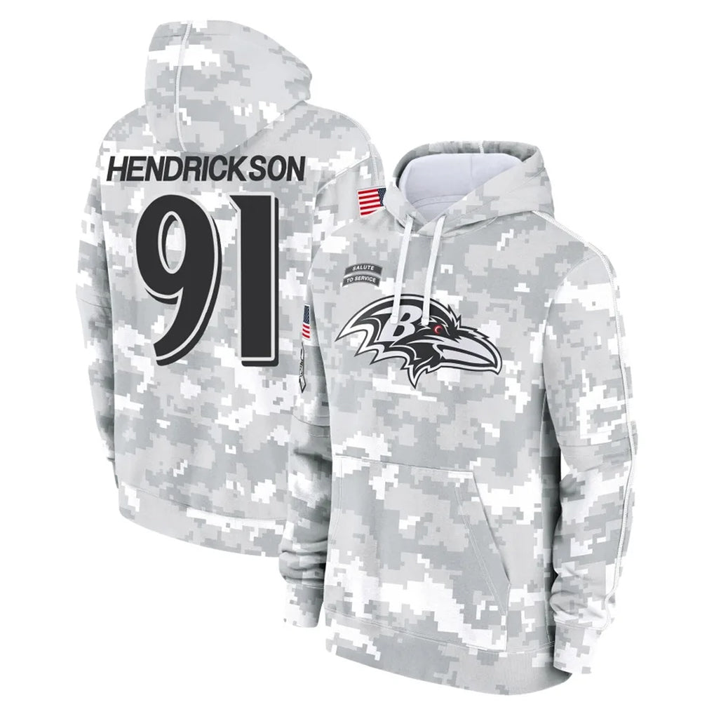 Jdoa B.Ravens #91 Trey Hendrickson Player Arctic Camo Salute To Service Hoodie Stitched Jerseys
