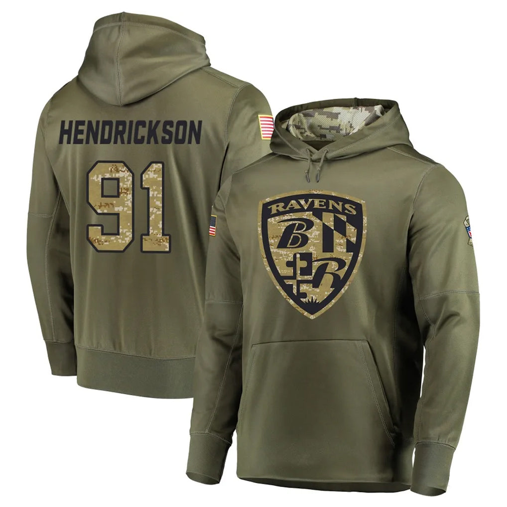 Jdoa B.Ravens #91 Trey Hendrickson Player Olive Salute to Service Pullover Hoodie Stitched Jerseys