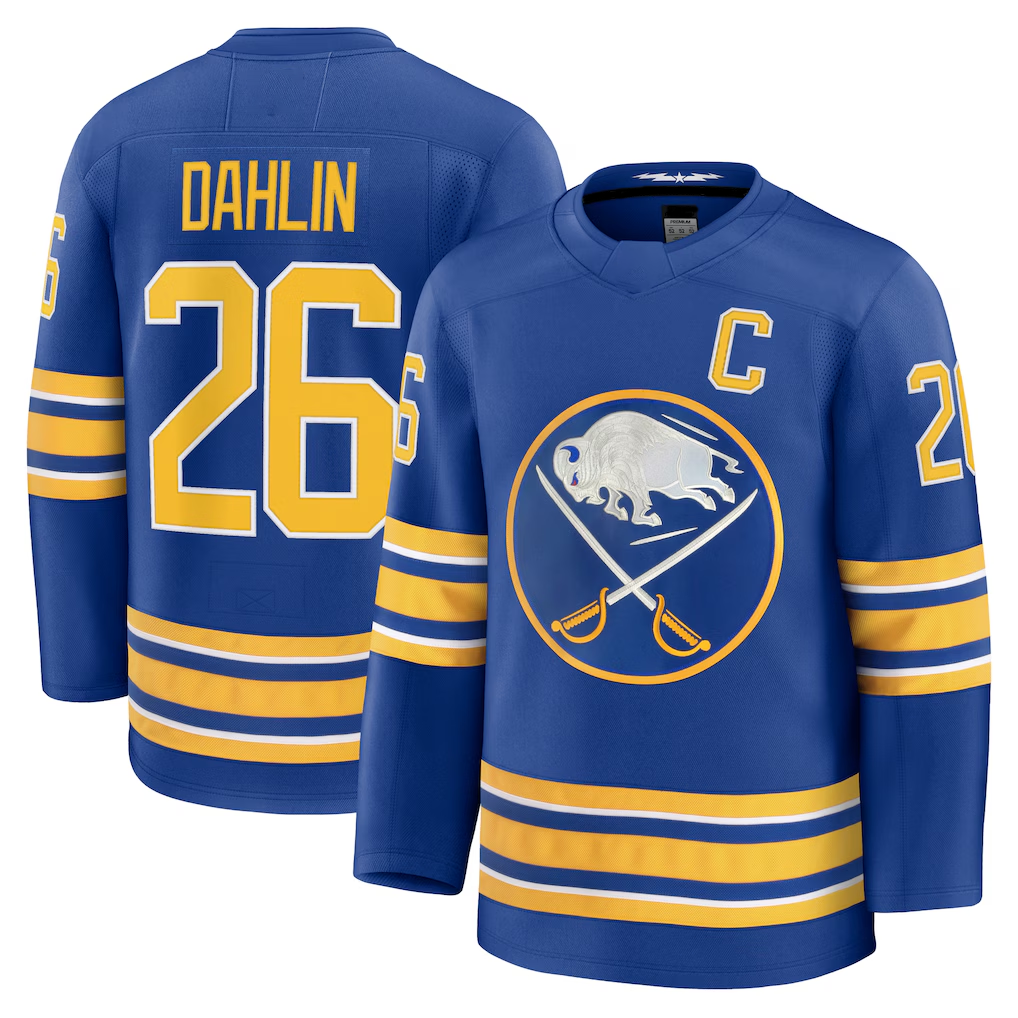 Jdoa B.Sabres #26 Rasmus Dahlin Royal Premium with Captain's Patch Stitched Jerseys