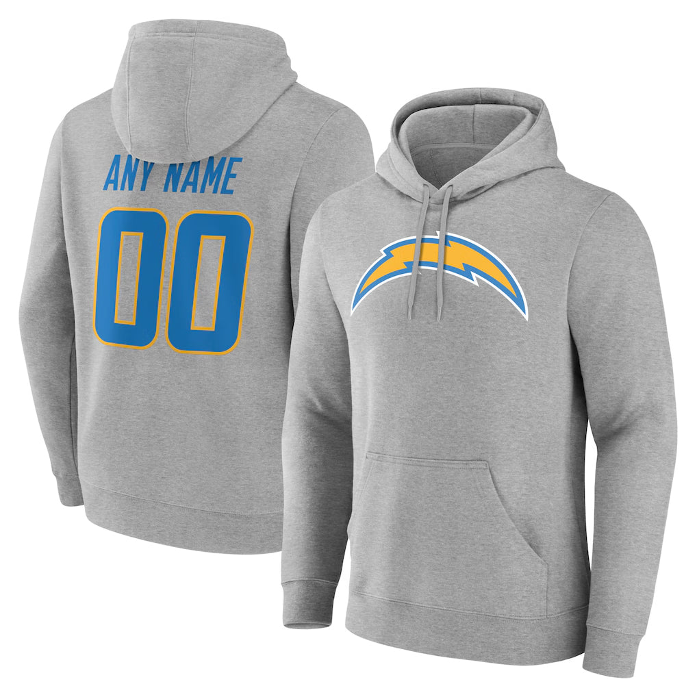 Jdoa Custom LA.Chargers Gray LOGO Pullover Hoodies Home Game Any Name & Numbers Stitched Jerseys