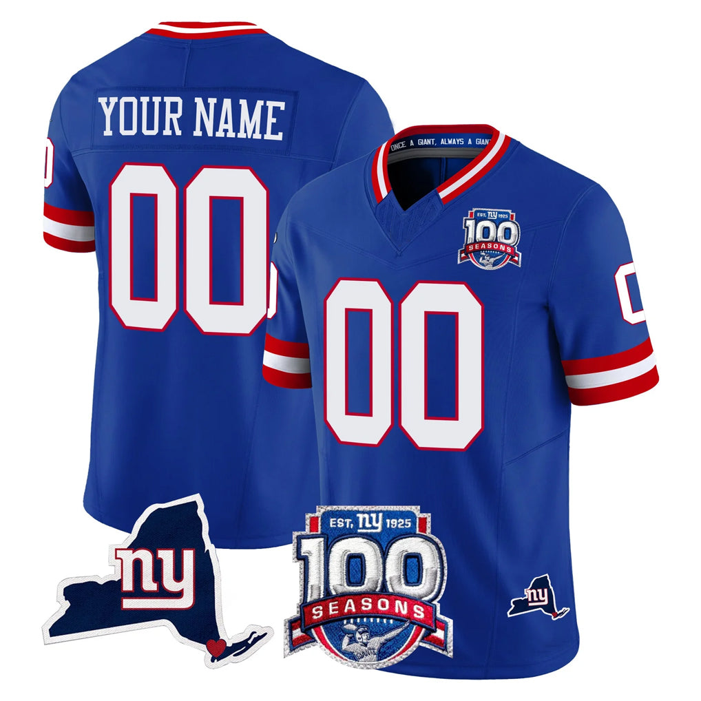 Jdoa Custom NY.Giants Royal 100th Season & State Patch Vapor Limited Home Game Any Name & Numbers Stitched Jerseys