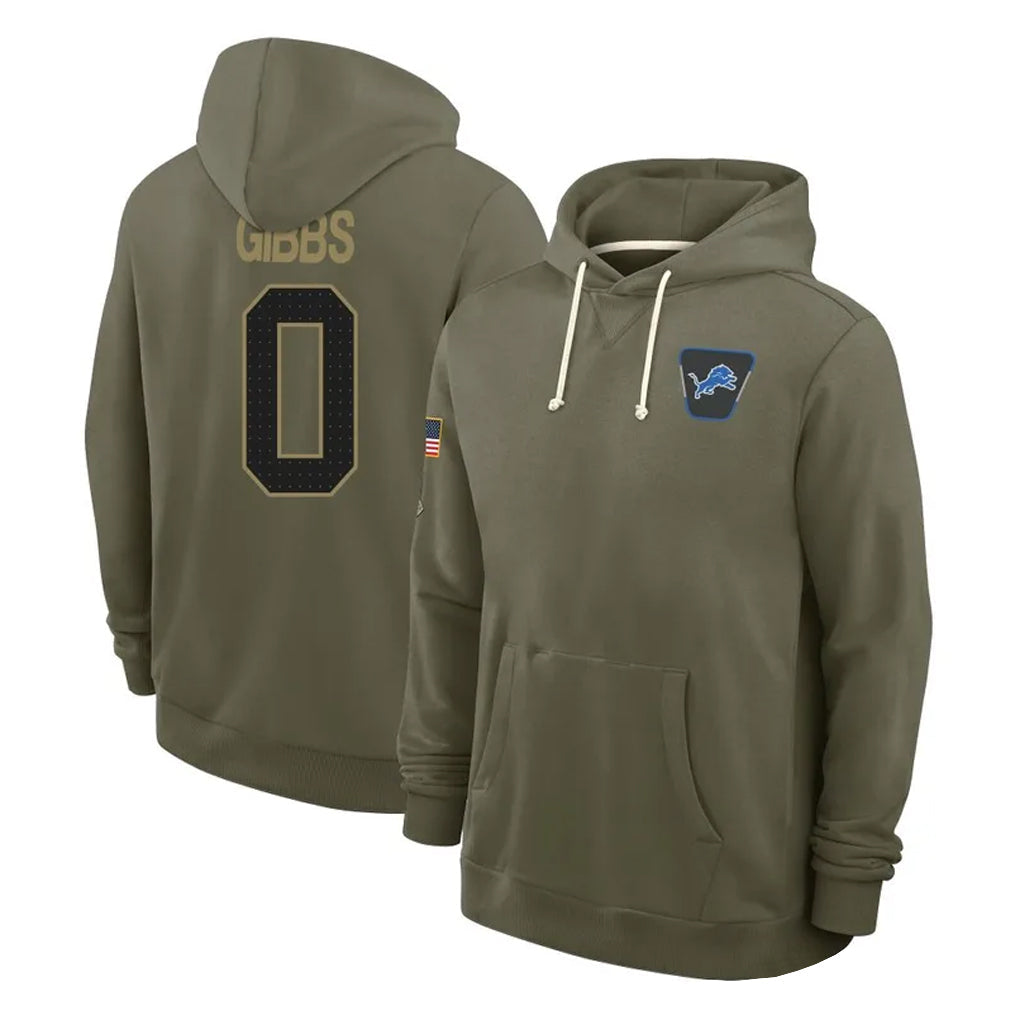 Jdoa D.Lions #0 Jahmyr Gibbs Player Olive Salute to Service Pullover Hoodies Limited Stitched Jerseys