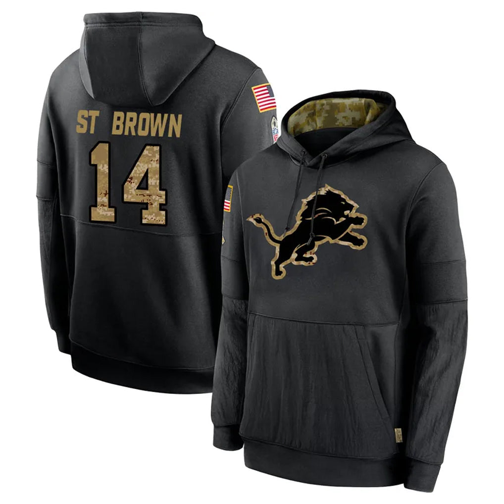 Jdoa D.Lions #14 Amon-Ra St. Brown Player Black Salute to Service Hoodies Limited Game Stitched Jerseys