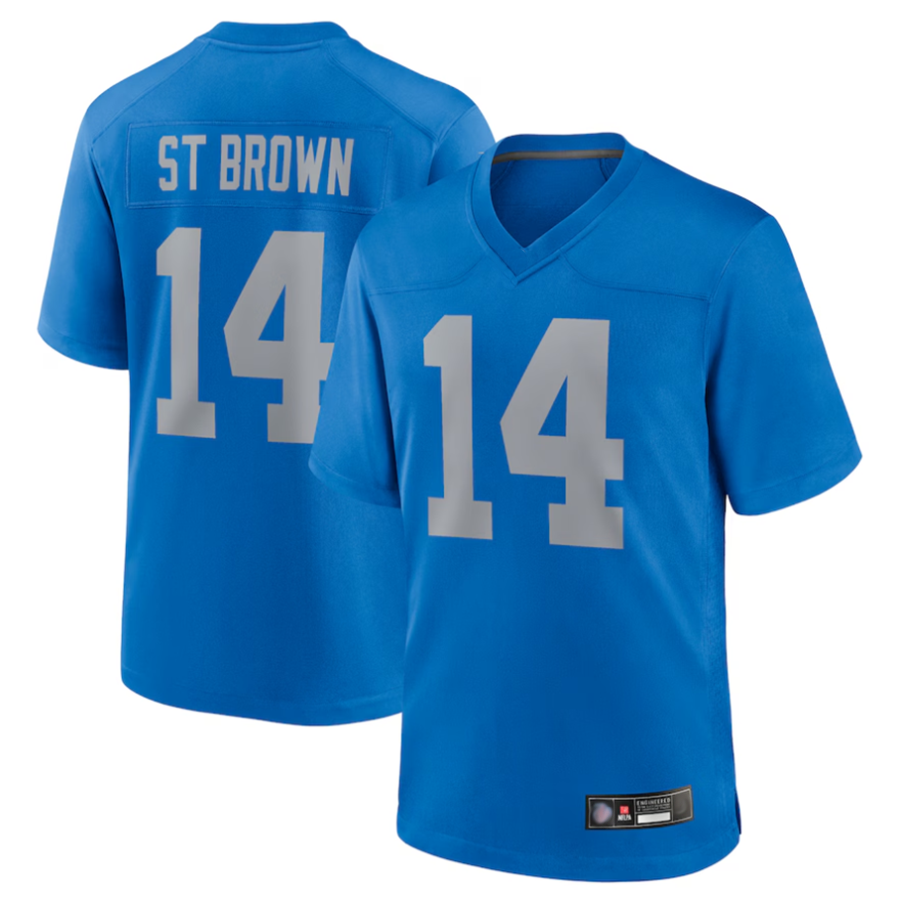 Jdoa D.Lions #14 Amon-Ra St. Brown Player Blue Game Replica Stitched Jerseys