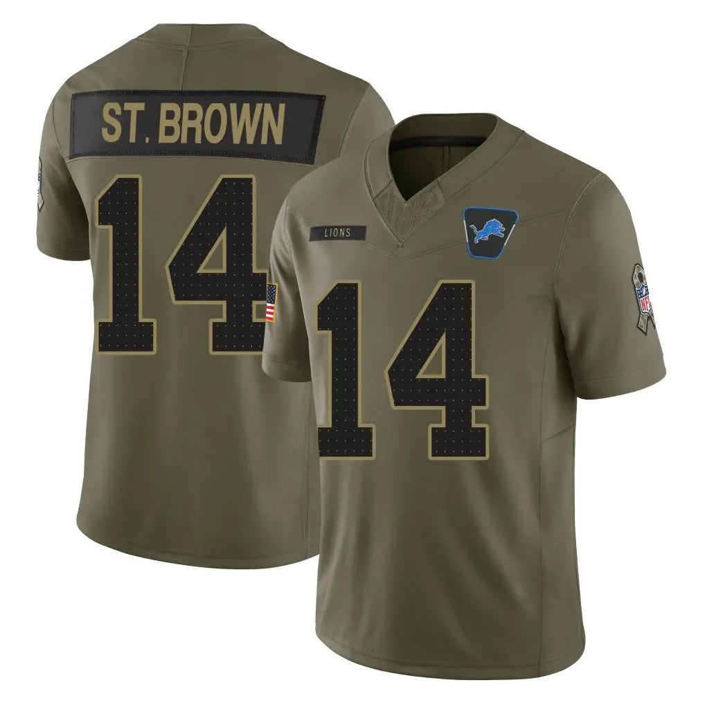 Jdoa D.Lions #14 Amon-Ra St. Brown Player Olive 2025 Salute To Service Limited Home Game Stitched Jerseys