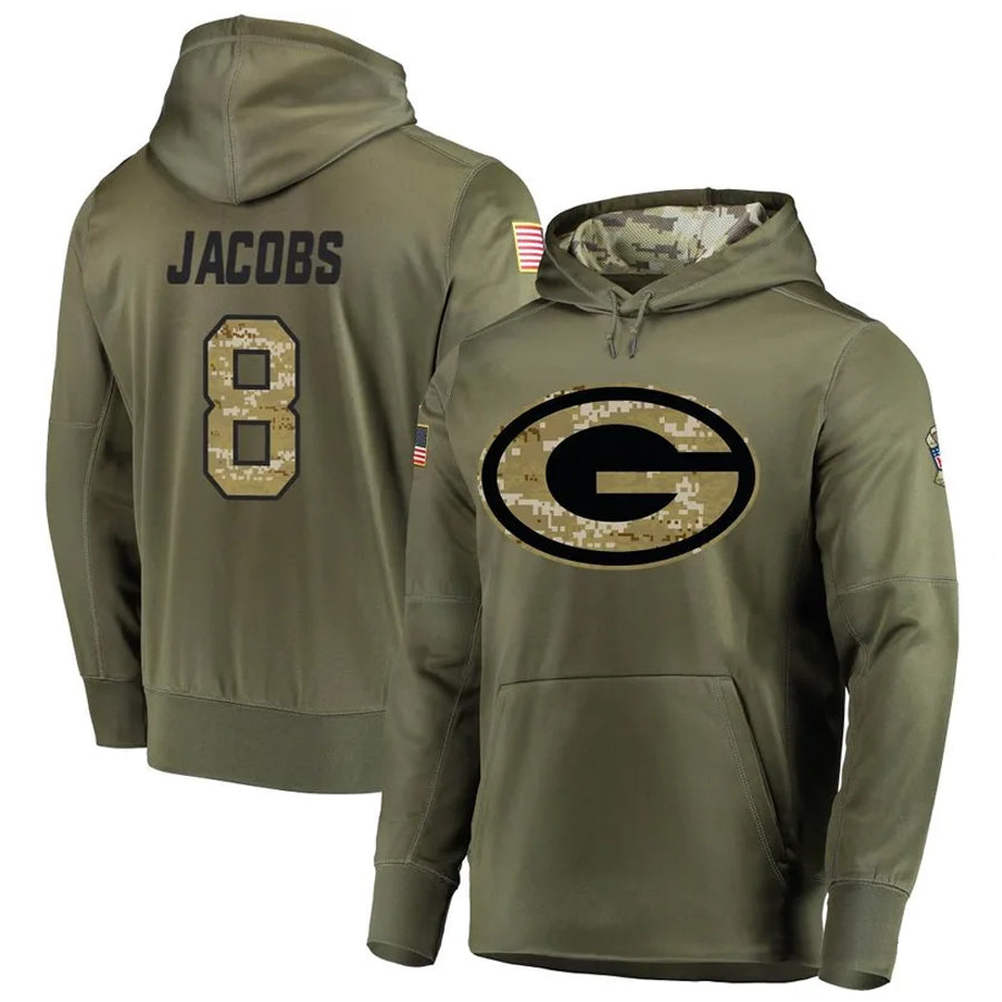 Jdoa GB.Packers #8 Josh Jacobs Player Olive Salute to Service Pullover Hoodie Game Stitched Jerseys