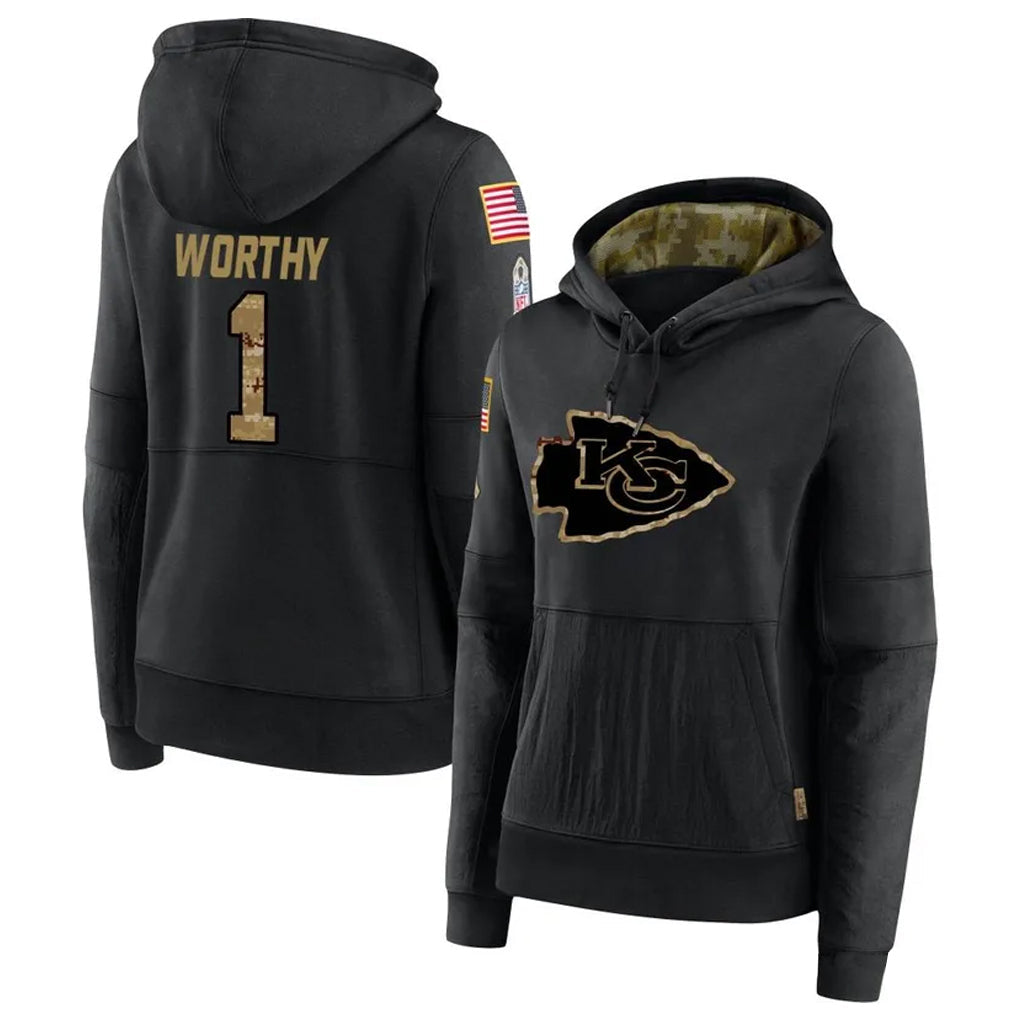 Jdoa KC.Chiefs #1 Xavier Worthy Player Black Salute to Service Hoodies Stitched Jerseys