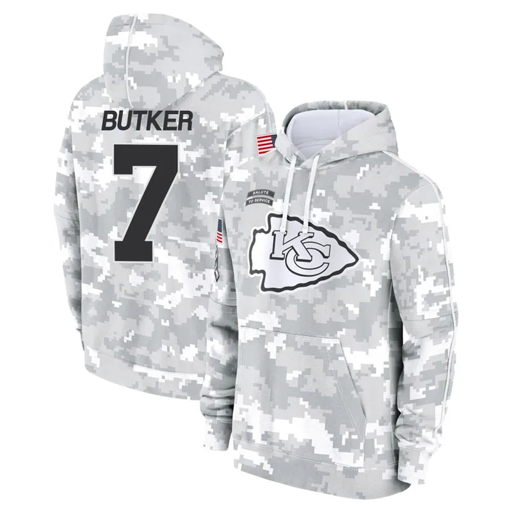 Jdoa KC.Chiefs #7 Harrison Butker Player Arctic Camo Salute to Service Hoodies Stitched Jerseys