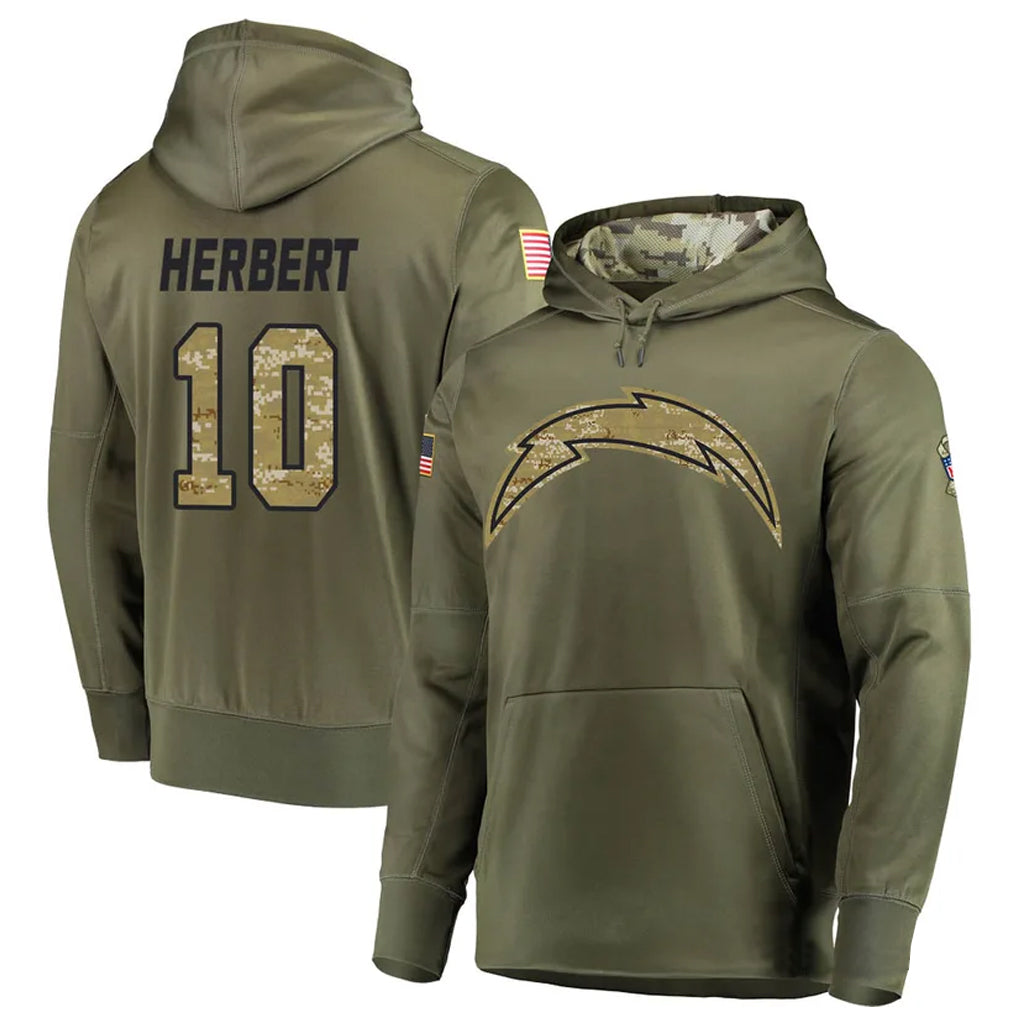 Jdoa LA.Chargers #10 Justin Herbert Player Salute to Service  Olive Hoodies Game Stitched Jerseys