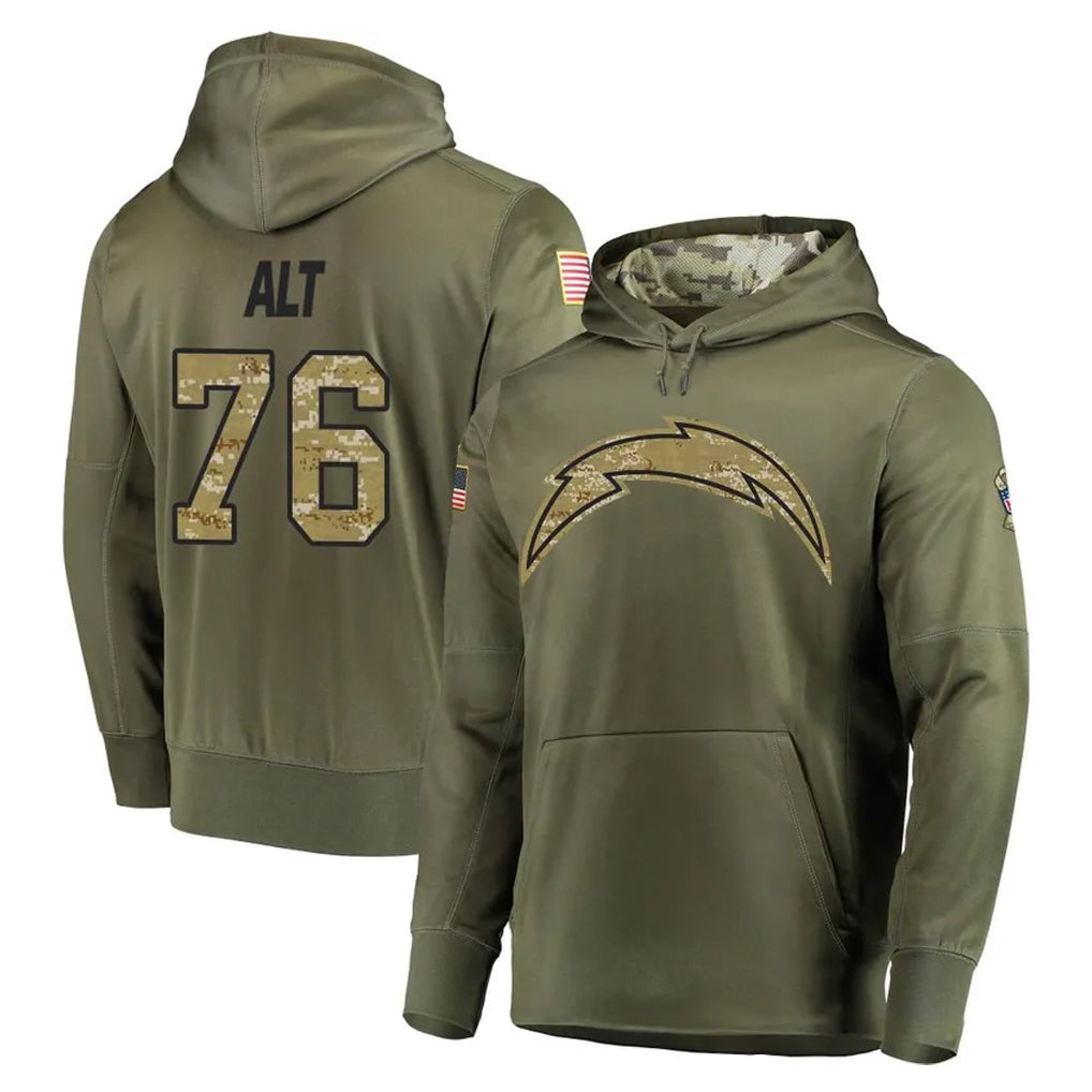 Jdoa LA.Chargers #76 Joe Alt Player Olive Salute to Service Pullover Hoodies Home Game Stitched Jerseys